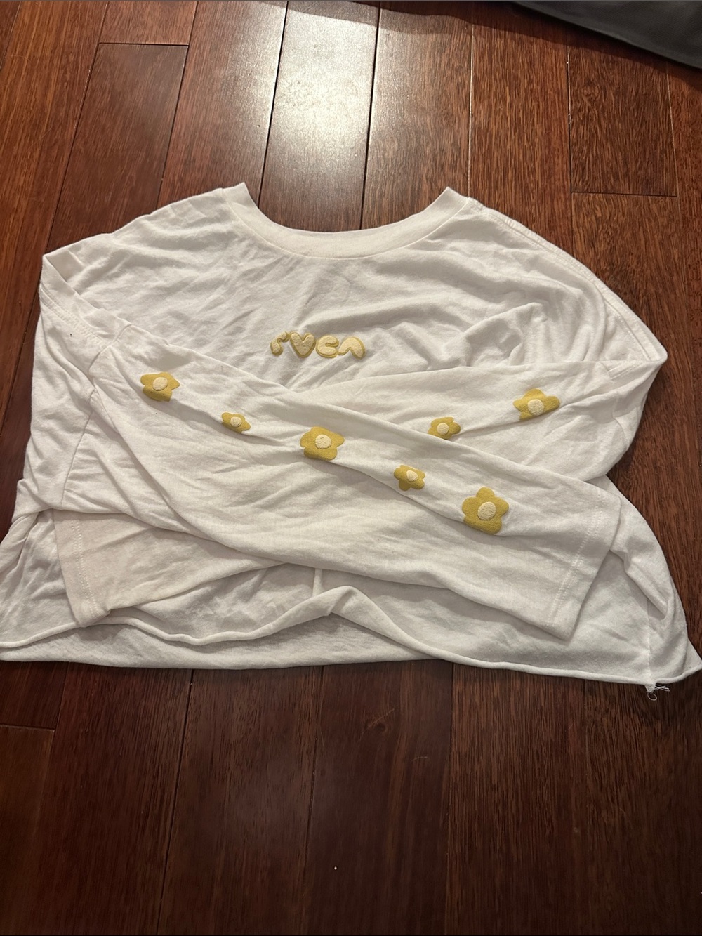 RVCA White Long Sleeve Tee with Yellow Daisy Accents
